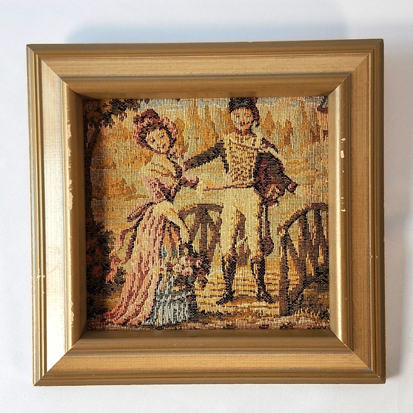 Vintage framed Embroidery Tapestry French Courtship Scene Galente Style France - Picture 10 of 16